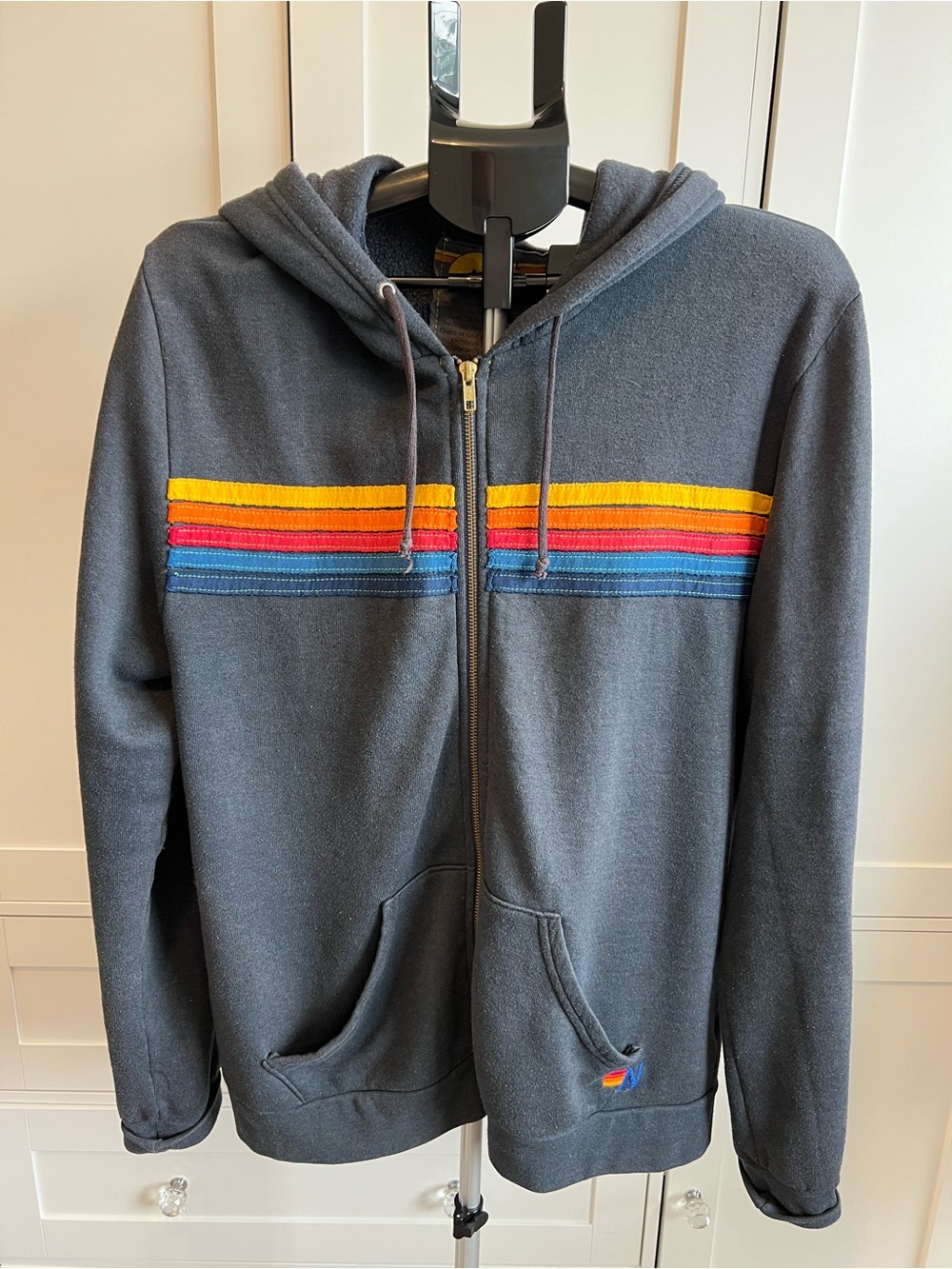Aviator Nation Vintage-Inspired navy blue Zip Hoodie with Rainbow Stripe